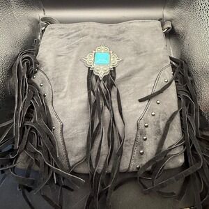 Heritage West‎ Western Handbags Black Faux Leather Fringe Turquoise Crossbody